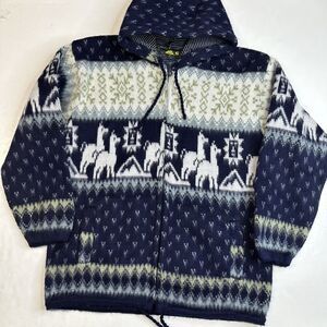 Alpaca Sweater Tejidos Ruminahui Hooded Jacket Sz Small Blue Zip Up Aztec Hoodie